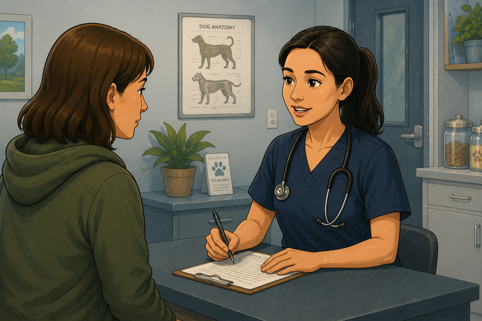 Dr. Jan speaking with Annabella's owner in the veterinary clinic.