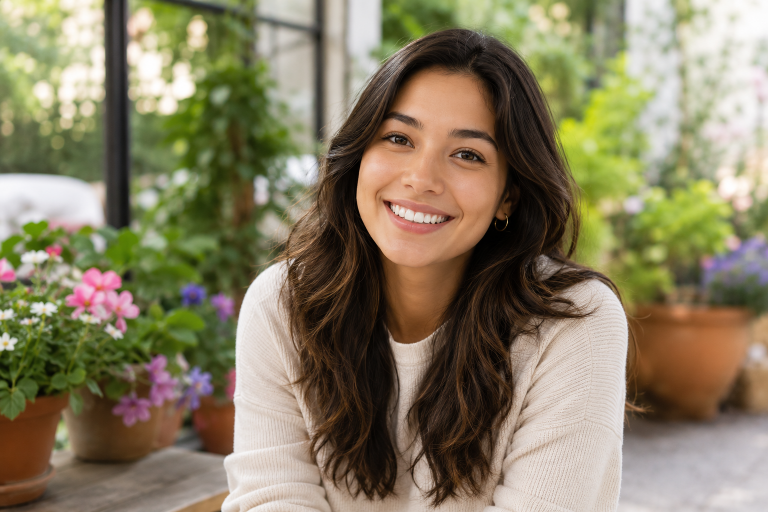 An Ingle host smiling in a garden café