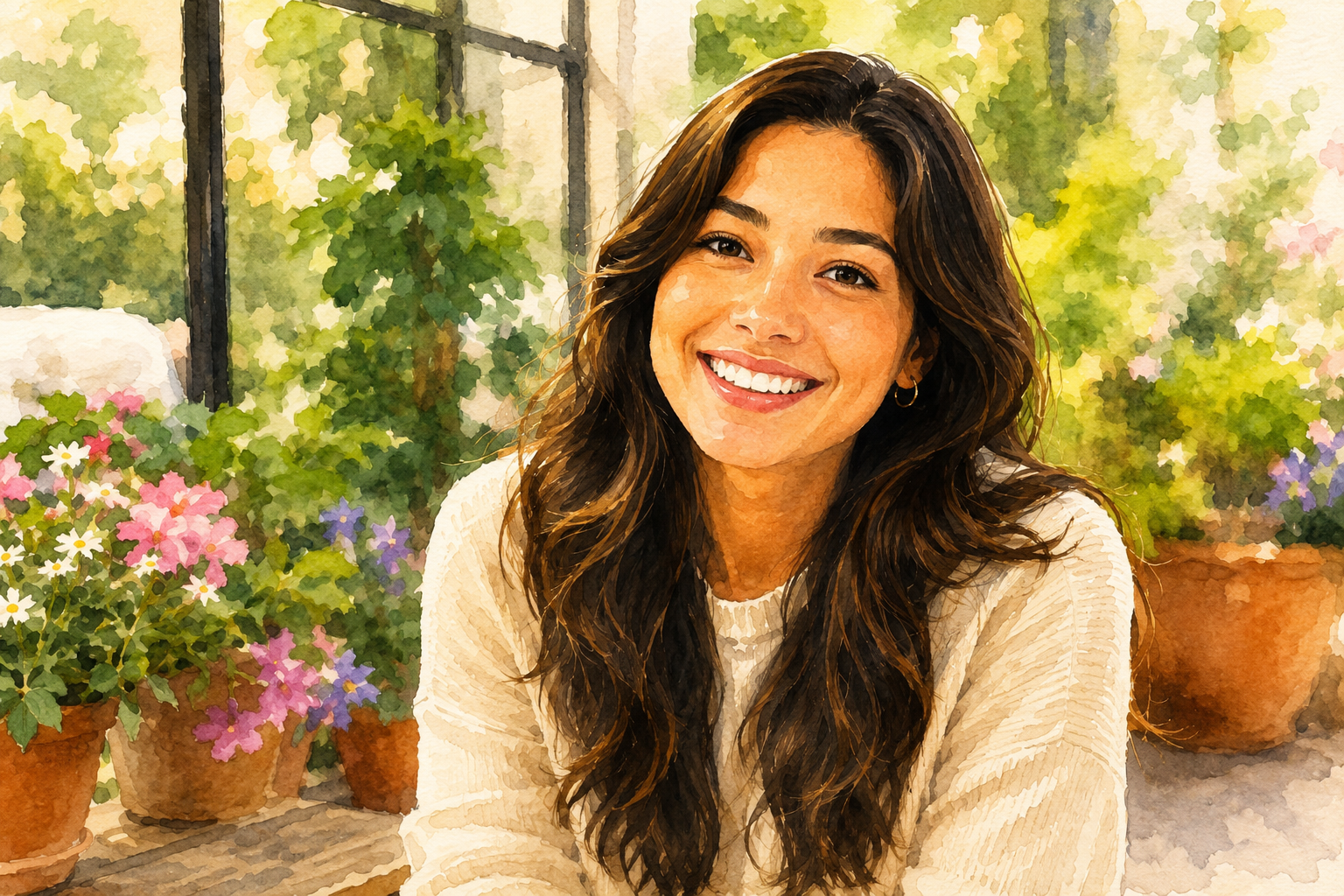 An illustrated Ingle guest smiling in a garden café