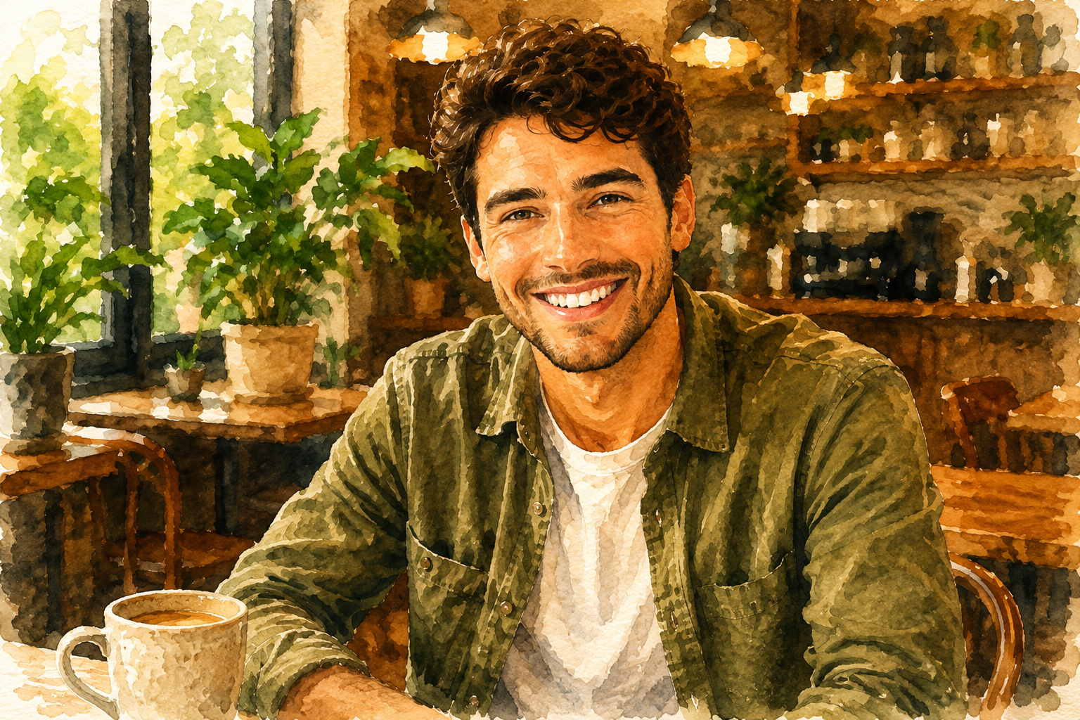 An illustrated Ingle guest smiling in a café