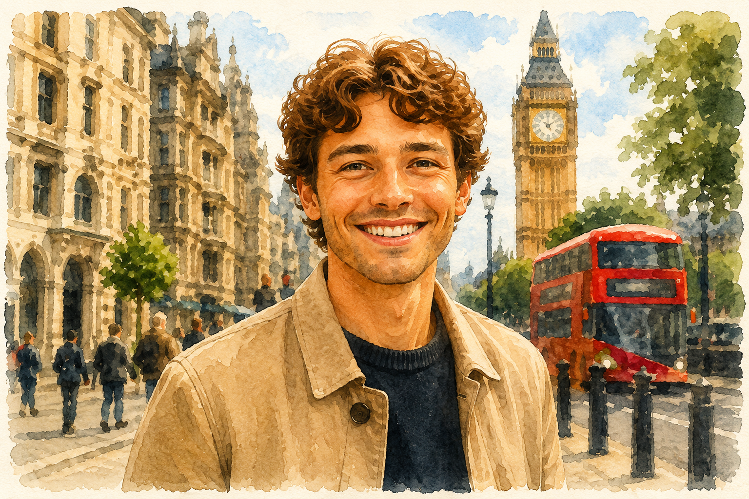 An illustrated Ingle guest smiling in London