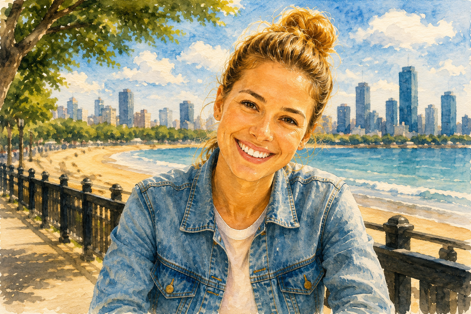 An illustrated Ingle guest smiling by the waterfront