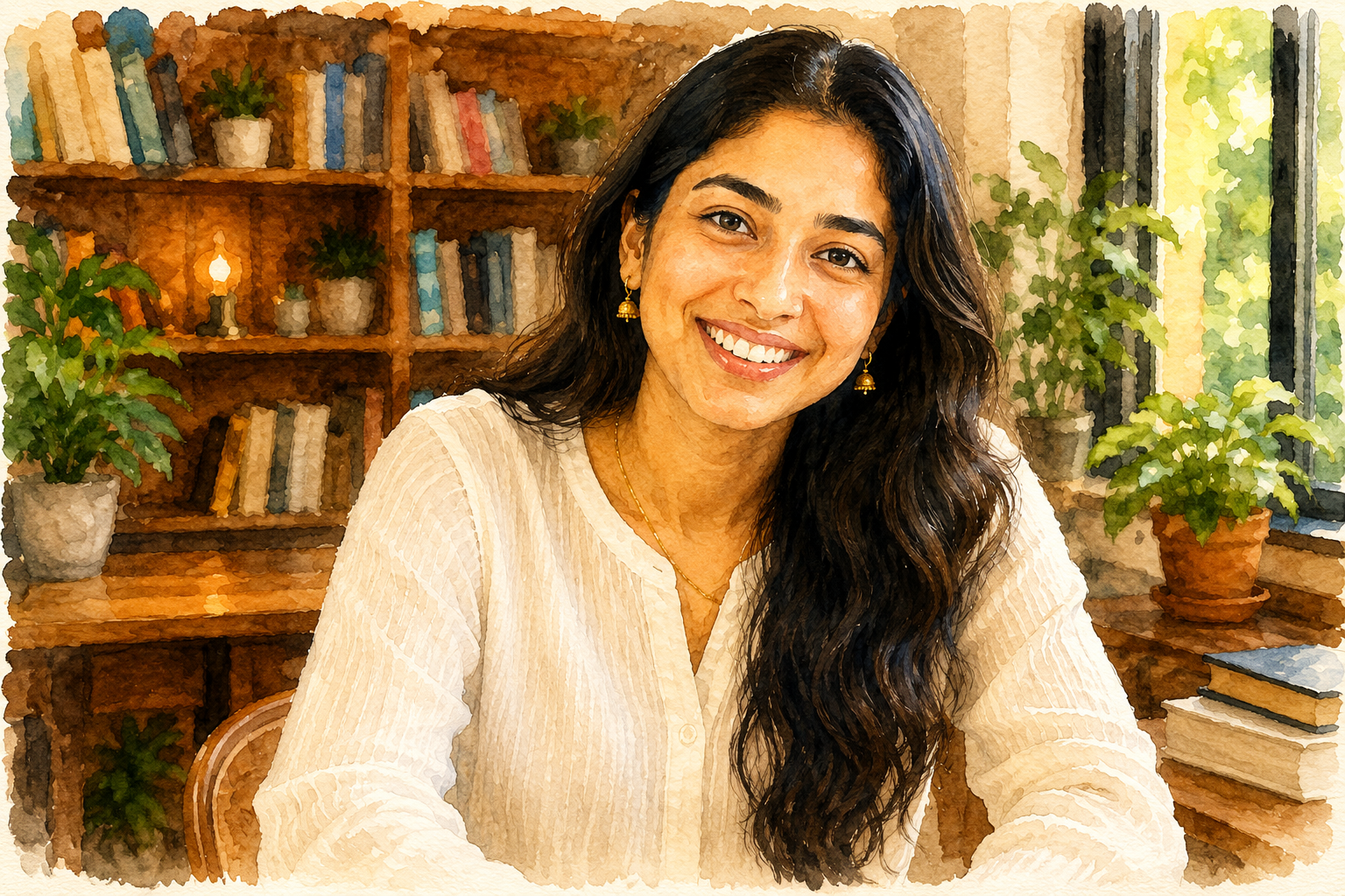 An illustrated Ingle guest smiling in a study space