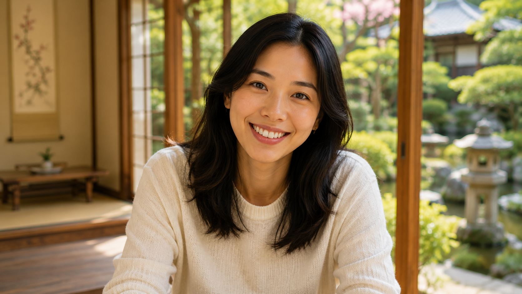 An Ingle host smiling beside a Japanese garden