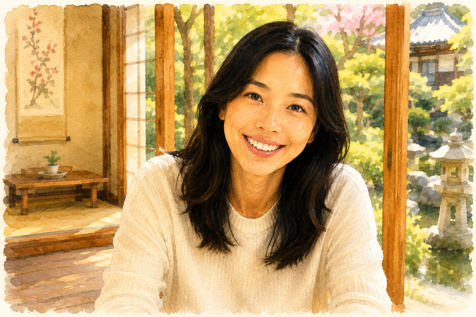 An illustrated Ingle guest smiling beside a Japanese garden