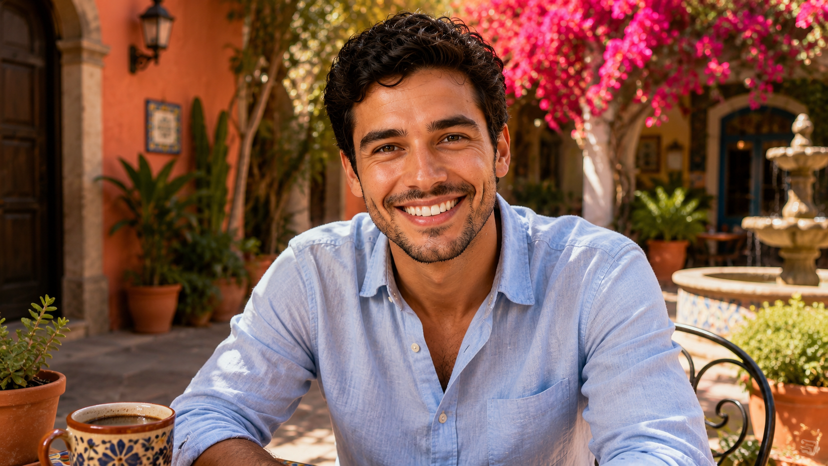 An Ingle host smiling in a colourful courtyard