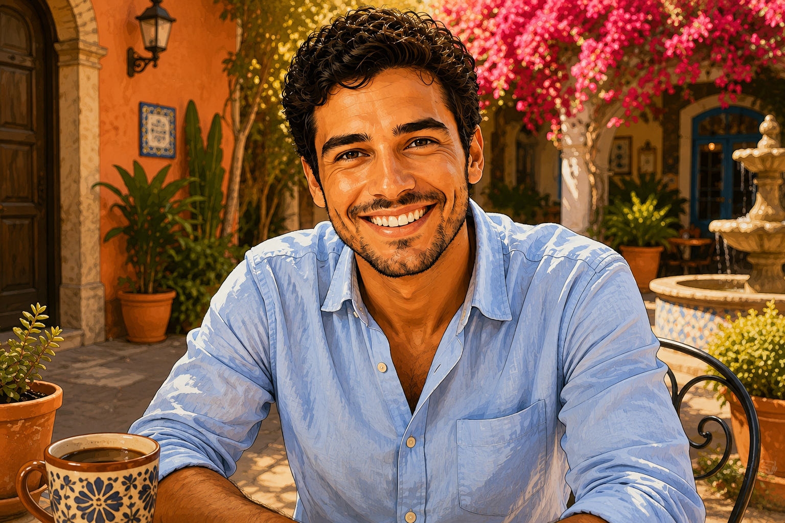 An illustrated Ingle guest smiling in a colourful courtyard